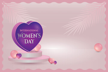 International Women's Day 3d heart shape with podium on pink background