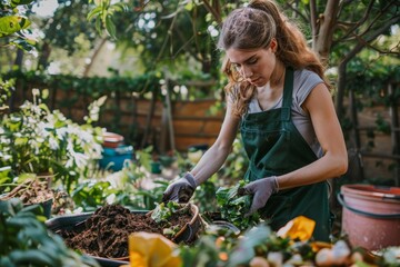 Woman practicing composting in her garden Highlighting the significance of organic waste management for environmental sustainability and promoting eco-friendly gardening habits - Powered by Adobe