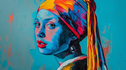 A vibrant contemporary painting inspired by the iconic Girl with a Pearl Earring, with bold, expressive brushstrokes and vivid colors.