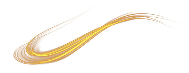 Golden glowing shiny lines effect. Luminous golden lines of speed. Light glowing effect. Light trail wave, fire path trace line and incandescence curve twirl. PNG.