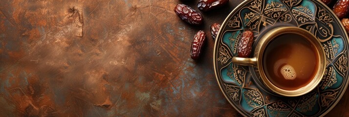An elegant Eid al-Fitr composition featuring a cup of tea and dates on an ornate plate, perfect for...