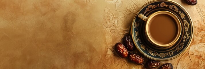 a cup of tea with dates, can serve as a Ramadan-themed social media post or as an inviting background for a restaurant's special Eid menu. - obrazy, fototapety, plakaty