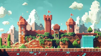 A beautifully crafted pixel art castle sits majestically on terraced hills with a waterfall, set against a backdrop of fluffy pixel clouds and clear blue skies. - obrazy, fototapety, plakaty