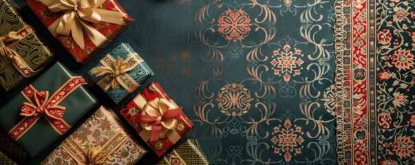 A collection of elegantly wrapped gifts with intricate patterns on a patterned background, ideal for festive Eid al-Fitr social media posts or as a decorative backdrop for holiday sales promotions. - obrazy, fototapety, plakaty