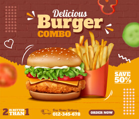 Fast food post. Burger social media advertising. Cheeseburger with sauce and French fries. Street meal combo. Meat restaurant. Cafe promotion. Delicious hamburger. Vector design template