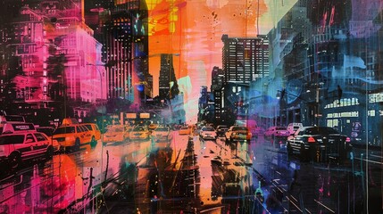 An abstract painting captures a bustling city street at night, bathed in neon lights and vibrant colors, reflecting the city's dynamic pulse.