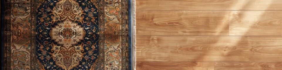 A top view of a prayer mat on one side and a hardwood floor could be used for Islamic religious education or as a design element in cultural presentations.