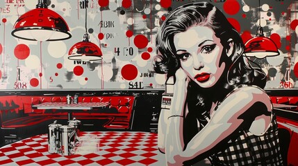 A pop art style painting capturing the vintage aesthetic of a retro diner and a stylized portrait of a woman in monochrome.