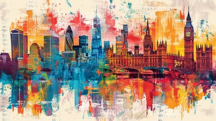 This vibrant artwork depicts London's iconic skyline with a dynamic and expressive mix of colors and brush strokes.