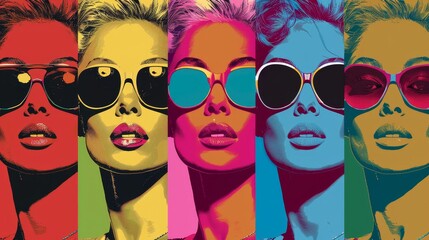 Pop art inspired illustration featuring five women wearing stylish sunglasses in vibrant, contrasting colors.