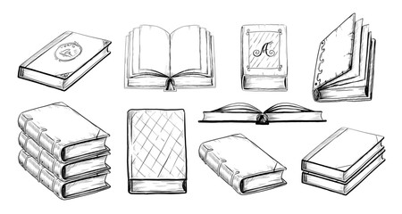 Hand drawn books. Open and closed notebooks. Library or bookstore sketch elements different side view, education and knowledge symbol, encyclopedia stack, reading book, vector illustration © SpicyTruffel