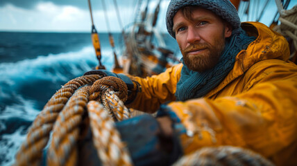close up fisherman relaxed moment on a sailboat, hands coiling a rope, details of the weathered...