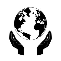 Hands holding Earth globe poster, banner. Save the planet, protect the Earth, environment problems, saving nature together concept. Earth Day vector logo, icon illustration design