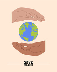 Different race hands holding Earth globe poster, banner. Save the planet, protect the Earth, environment problems, saving nature together concept. Earth Day vector logo, icon illustration design