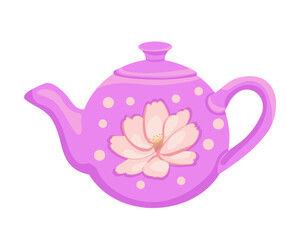Porcelain teapot with floral polka dot pattern. Cute vector isolated drawing. Lilac kitchenware with pink pattern