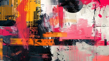 A dynamic abstract graffiti painting with bold splashes of pink and orange, and urban stencil motifs.