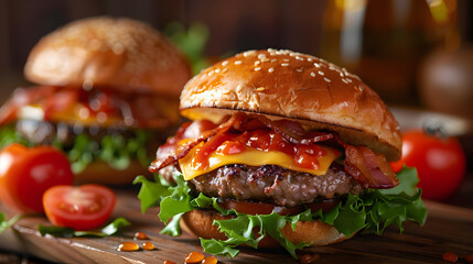 Realistic classic burger with bacon cheeseburger photography