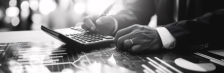 Black and white image showcasing a professional in suit working with a calculator on financial charts Focus on hands and tools - Powered by Adobe