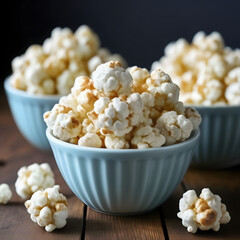 closeup of three bowls of popcorn perfect for an advertisement