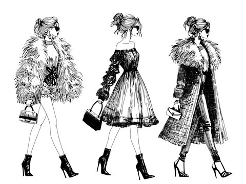 vector fashion model illustration fashion girls runway sketch ink pen drawing with top models wearing trendy designer clothes, fashion show catwalk pencil drawing with elegant dress, faux fur coat