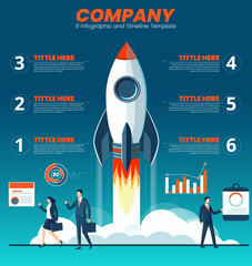 Business template infographic Timeline process graph with launch symbol and 6 step or option People group, workflow