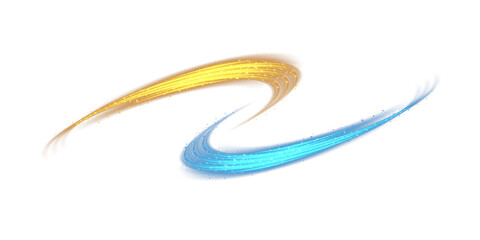 Blue and yellow glowing shiny lines effect. Luminous golden and blue lines of speed. Light glowing effect. Light trail wave, fire path trace line and incandescence curve twirl. PNG.