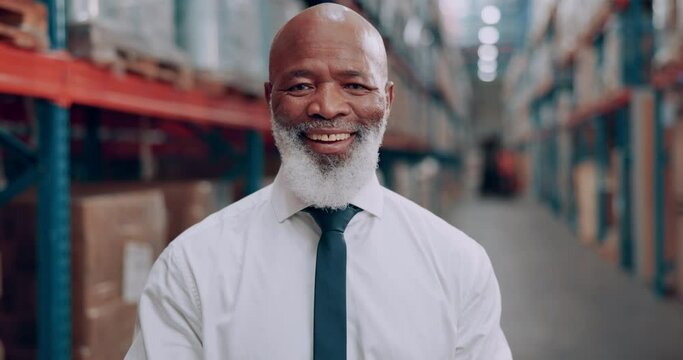 Warehouse, face and senior business man with tablet for logistic, shipping or delivery. Factory, portrait and elderly African manager with digital app for cargo, dropshipping or ecommerce procurement