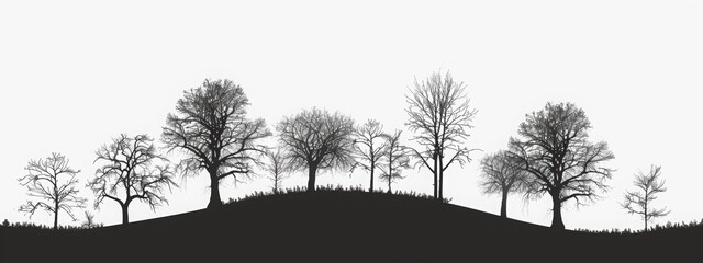 silhouette of a deciduous forest, village, sketch, without background, simple lines, minimalism