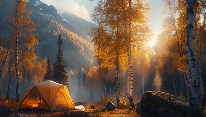 An image depicting a serene camping scene with a tent nestled among birch trees and golden sunlight
