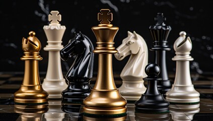 An elegant chess setup featuring golden and black pieces, signifying strategy, intelligence, and class on a reflective surface