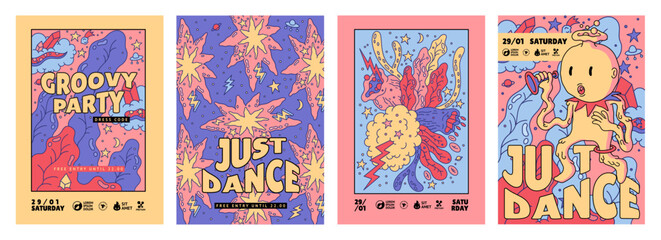 Music posters. Groovy party. Just dance. Birthday sticker. Happy Asian doodle comic style character for modern event. Paint abstract shapes. Psychedelic fun design. Vector banners set