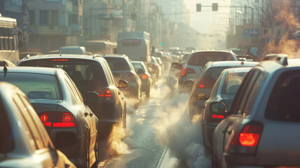 Many cars are stuck in a traffic jam in a big city, polluting the air with exhaust gases. Environmental problems and the greenhouse effect