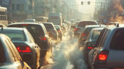 Fotobehang Many cars are stuck in a traffic jam in a big city, polluting the air with exhaust gases. Environmental problems and the greenhouse effect © Александр Довянский