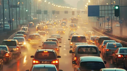 Fotobehang Many cars are stuck in a traffic jam in a big city, polluting the air with exhaust gases. Environmental problems and the greenhouse effect © Александр Довянский