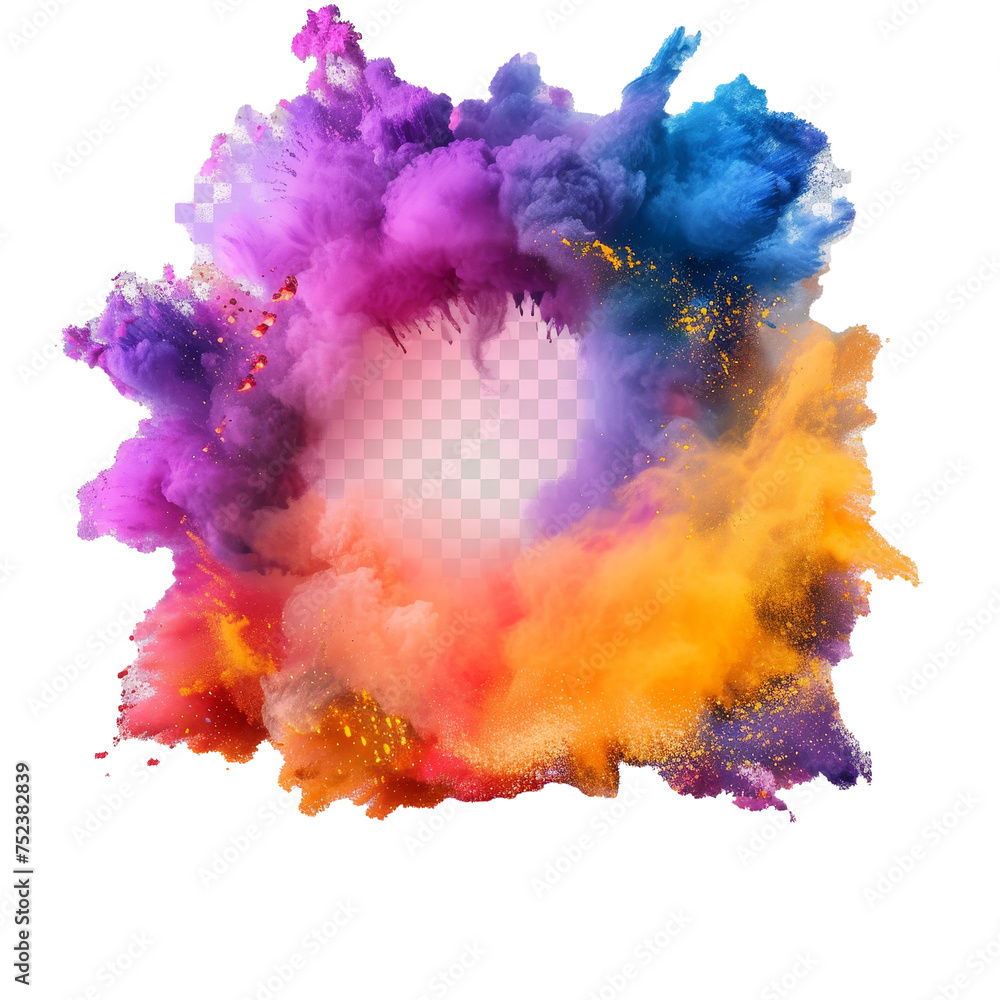 Canvas Prints Colorful powder explosion with transparent background. Splash of paint dust with particles.  realistic clouds of colorful powder with copy space for text.