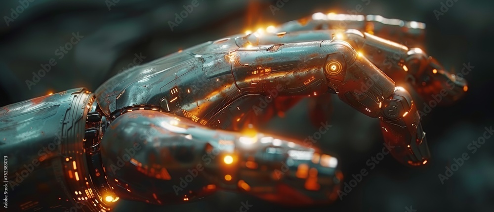 Leinwandbilder An artificial intelligence, future technology, and business concept depicting a robot and a human hand with a light and a virtual screen projected on a black background.