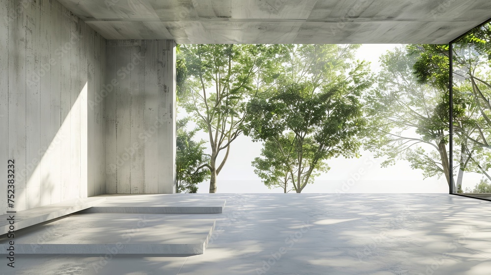 Poster The inside of an empty concrete room with a large window against a natural background is rendered in 3D.