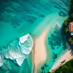 Fototapeta na wymiar Coast as a background from top view. Turquoise water background from top view. Summer seascape from air. Bali island, Indonesia.