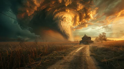 Tuinposter Tornado forming destruction over a populated landscape with a house on it's way,generative ai © Suralai