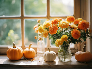 Cozy Autumn pumpkins. Thanksgiving backdrop. Composition with flowers and pumpkins on window background. Decoration Halloween background.