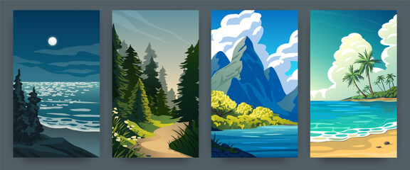Nature landscape. Summer beach. Sea sunset. Ocean waves. Sky clouds. Mountain valley. Wild forest. Pine trees. Sand seashore with palms. Night moon. Day scenery. Vector posters set © SpicyTruffel