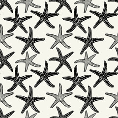 Vector seamless pattern. Surface design with starfishes. Stylised graphic repeating texture. Underwater ocean life.