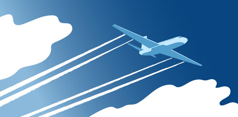 Plane flight. Aircraft fly. Airport line art. Blue sky clouds. Speed jet with passengers. Aviation charter transportation. Airplane trip. Cloudscape background. Vector illustration banner