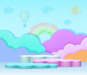 Baby background. Cute 3d pastel children toys with clouds and rainbow, empty platform and product podium, happy sky. Pastel kids room for exhibition. Render studio, vector design illustration