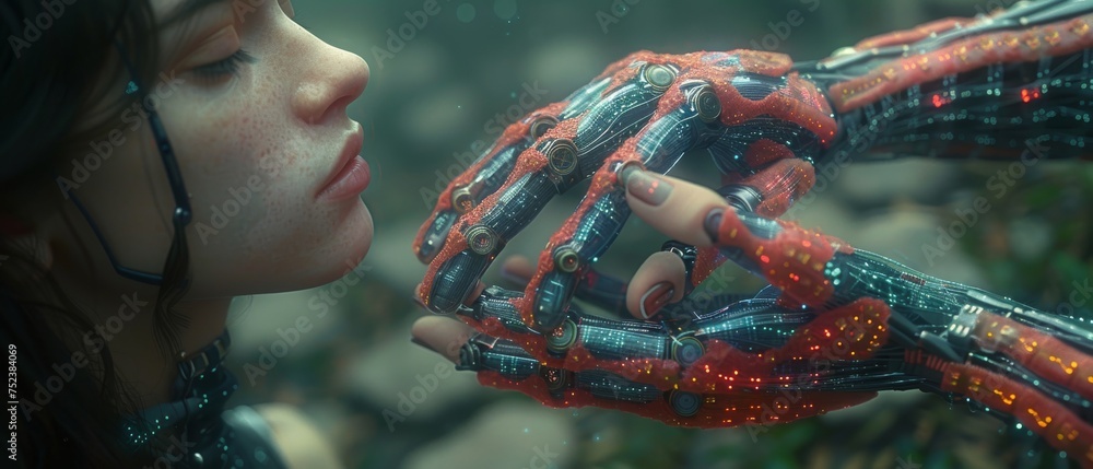 Poster A robot and human touching DNA in a virtual interface on the future, science and innovation, artificial intelligence.