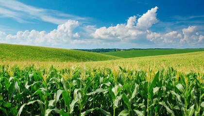 Fototapeta na wymiar Endless corn field and a beautiful blue sky with clouds