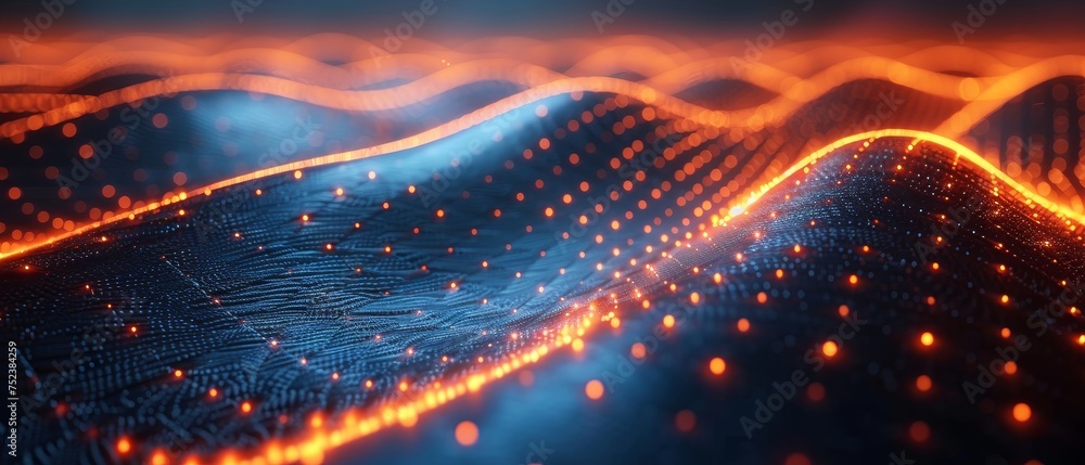 Poster Concept illustration with a low polygon shape connected by dots and lines on a dark background. The image is rendered in 3D. Data visualization using big data is portrayed in this illustration.