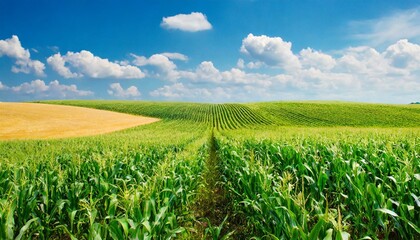 Endless corn field and a beautiful blue sky with clouds