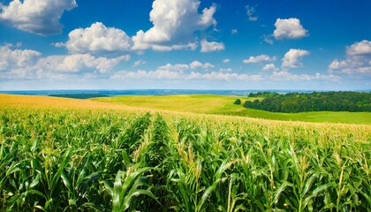 Endless corn field and a beautiful blue sky with clouds