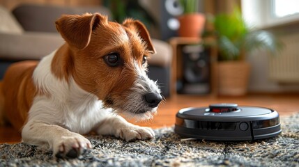 The Jack Russell terrier dog and robot vacuum cleaner in a room at home, Poland